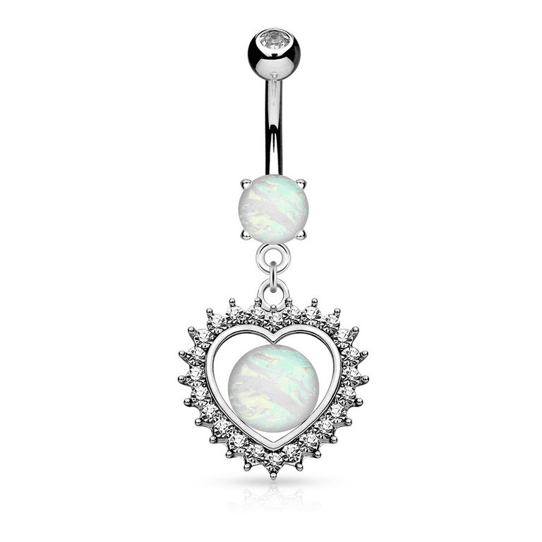Inspiration Dezigns 14GA CZ Paved Hollow Heart with CZ Flower Center 316L Surgical Steel Belly Button Navel Rings 